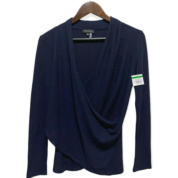 1.State Women's Size XS Waffle-Knit Ribbed Surplice Wrap Top Shirt Solid Black - Picture 6 of 7